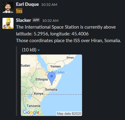 Image of a slack command retrieving the current location of the International Space Station